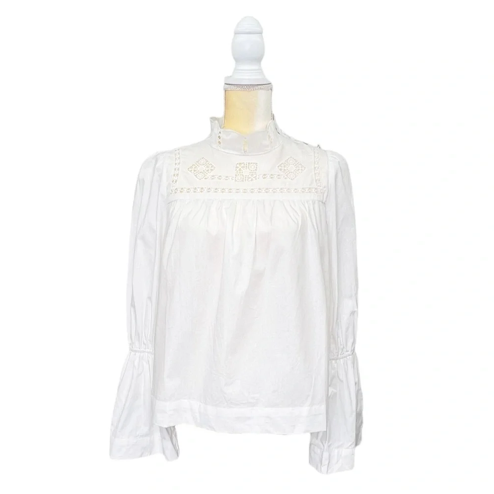 Free People White Cotton Blouse Size XS Bell Sleeves Crochet Eyelet Lace New NWT